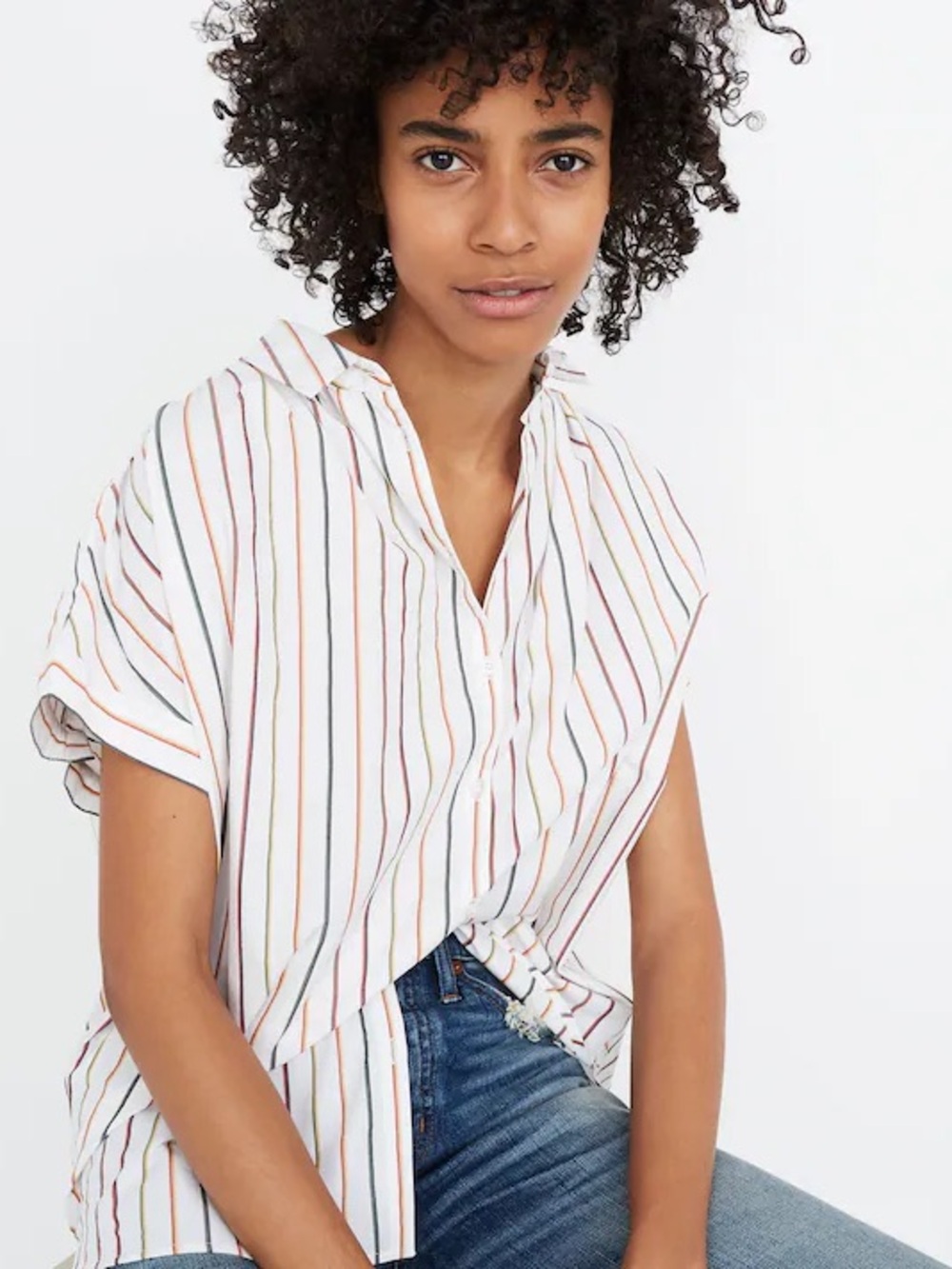 Madewell White Button-Down Shirt with Multicolor Stripes